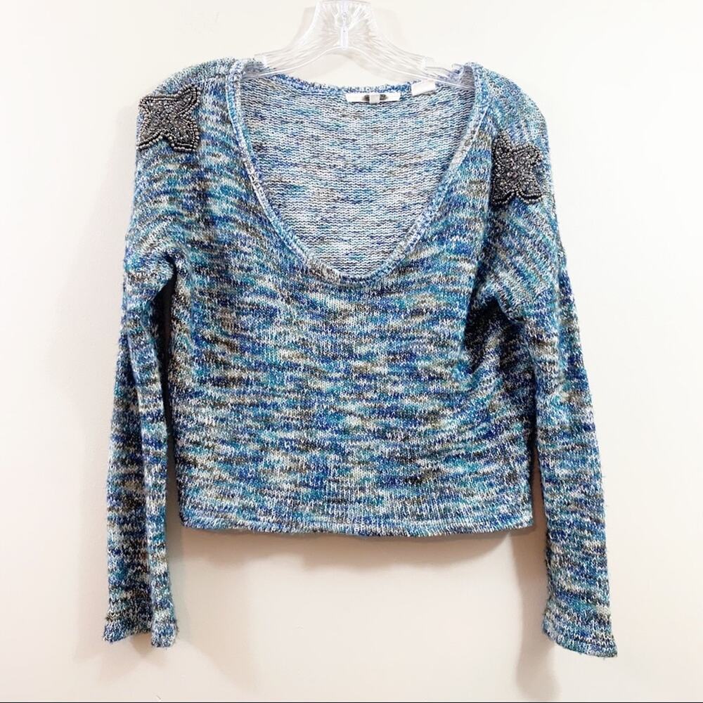 Miss Me Marled Blue/Green/Brown Beaded Detail Cropped Sweaters